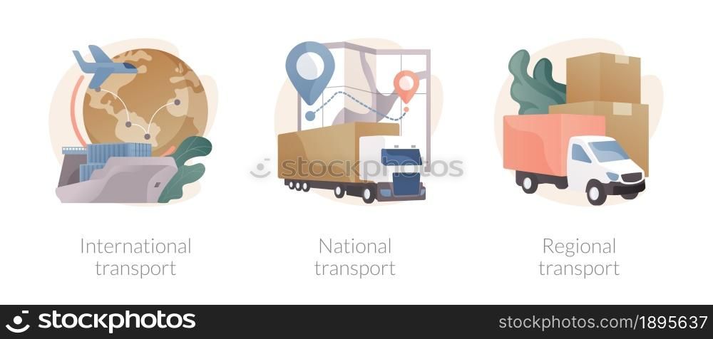 Global logistics abstract concept vector illustration set. International transport, national and regional transport, air cargo, container sheep, car driver, ticket office abstract metaphor.. Global logistics abstract concept vector illustrations.