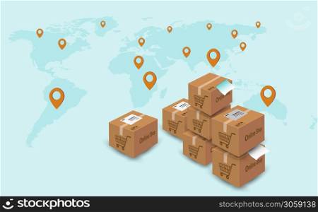 Global logistics, shipping, and worldwide delivery business concept: a heap of stacked corrugated cardboard boxes with parcel goods on the world map. vector illustration for graphic design.
