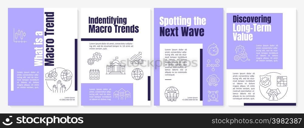Global macro trends purple brochure template. Innovations tendencies. Leaflet design with linear icons. 4 vector layouts for presentation, annual reports. Questrial, Lato-Regular fonts used. Global macro trends purple brochure template