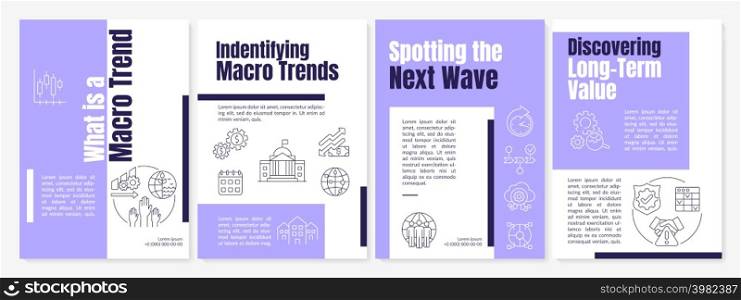 Global macro trends purple brochure template. Innovations tendencies. Leaflet design with linear icons. 4 vector layouts for presentation, annual reports. Questrial, Lato-Regular fonts used. Global macro trends purple brochure template