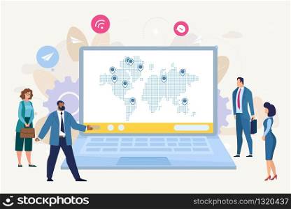 Global Market Trade, Worldwide Partnership, International Business Communication, Logistics Strategy Flat Vector Concept . Businesspeople Looking on World Map with Pins on Laptop Screen Illustration