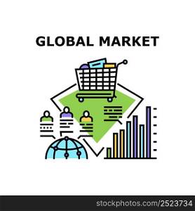 Global Market Vector Icon Concept. Global Market Researching Infographic Income And Sales, Online Purchasing And Worldwide Economy Financial Business. International Management Color Illustration. Global Market Vector Concept Color Illustration