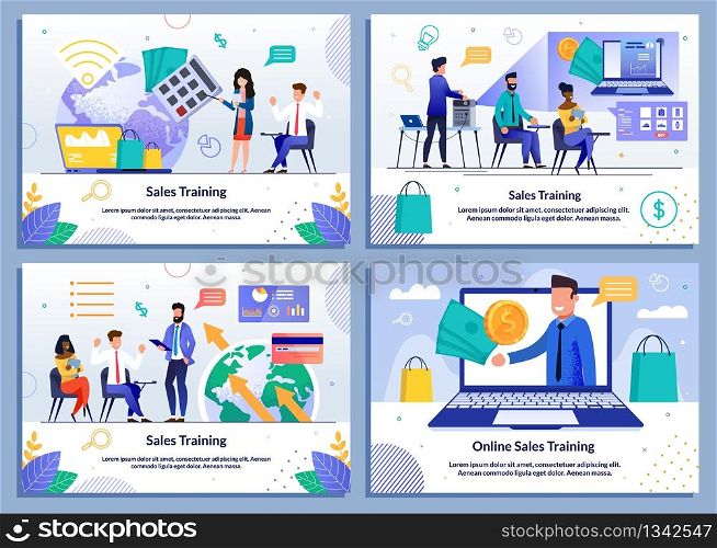 Global Marketing, E-Commerce, Sales Coaching, Professional Training, Online Tutorials. Public or Remote Conference. Flat Banner Set. Cartoon People Characters Listening to Mentor. Vector Illustration. Sales Coaching and Online Training Flat Banner Set