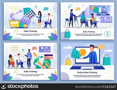 Global Marketing, E-Commerce, Sales Coaching, Professional Training, Online Tutorials. Public or Remote Conference. Flat Banner Set. Cartoon People Characters Listening to Mentor. Vector Illustration. Sales Coaching and Online Training Flat Banner Set