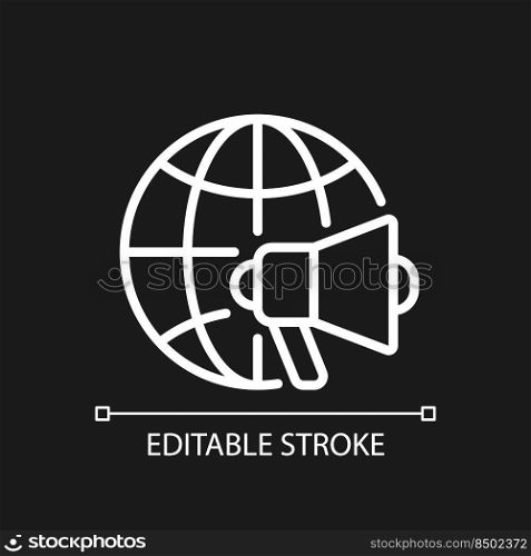 Global marketing pixel perfect white linear icon for dark theme. Worldwide market. Attract foreign customers. Thin line illustration. Isolated symbol for night mode. Editable stroke. Arial font used. Global marketing pixel perfect white linear icon for dark theme