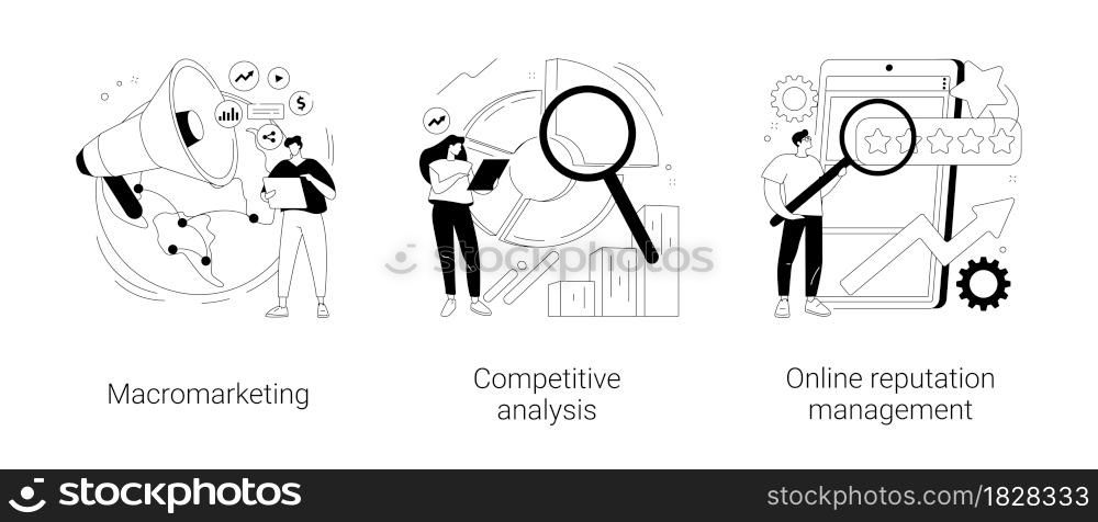Global marketing strategy abstract concept vector illustration set. Macromarketing, competitive analysis, online reputation management, market analysis, digital image, social media abstract metaphor.. Global marketing strategy abstract concept vector illustrations.