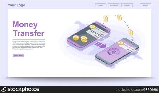 Global money transfer web page vector template with isometric illustration. Cryptocurrency payment. Bitcoin digital wallet. Website interface design. Landing page, web banner, webpage color 3d concept. Global money transfer web page vector template with isometric il