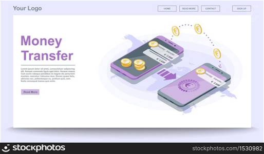 Global money transfer web page vector template with isometric illustration. Payment system. Euro digital wallet. Website interface design. Landing page layout. Web banner, webpage color 3d concept. Global money transfer web page vector template with isometric il