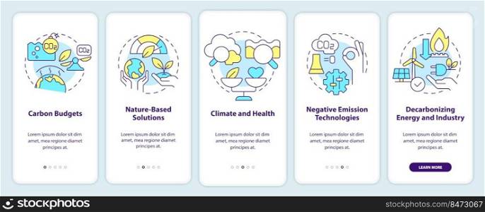 Global net zero goals onboarding mobile app screen. Carbon removal walkthrough 5 steps editable graphic instructions with linear concepts. UI, UX, GUI template. Myriad Pro-Bold, Regular fonts used. Global net zero goals onboarding mobile app screen