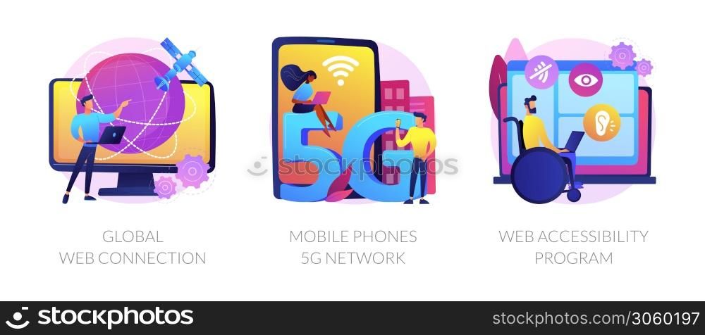 Global network communication abstract concept vector illustration set. Global web connection, mobile phones 5G network, web accessibility program, satellite, GPS technology internet abstract metaphor.. Global network communication abstract concept vector illustrations.