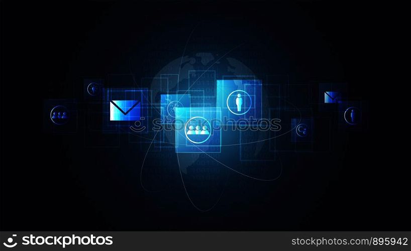 Global network connection, Digital circuit boards with icon and world map background, Symbol of International communication, Social media and devices technology which spans the entire earth.