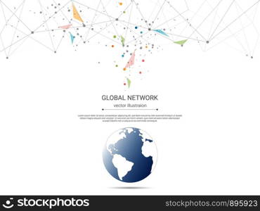 Global network connection, Low poly connecting dots and lines with world map background, Symbol of International communication, Social media and Digital device technology which spans the entire earth.