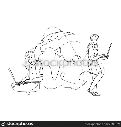 Global Network Connection Technology Black Line Pencil Drawing Vector. Man And Woman Connected Laptop Computer With Global Network. Characters Using World Internet For Communication Illustration. Global Network Connection Technology Users Vector