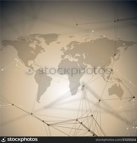 Global network connections, geometric design, technology digital concept. Abstract futuristic background with connecting lines and dots, polygonal linear texture. World map.. Abstract futuristic background with connecting lines and dots, polygonal linear texture. World map. Global network connections, geometric design, technology digital concept