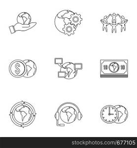 Global network icon set. Outline set of 9 global network vector icons for web isolated on white background. Global network icon set, outline style