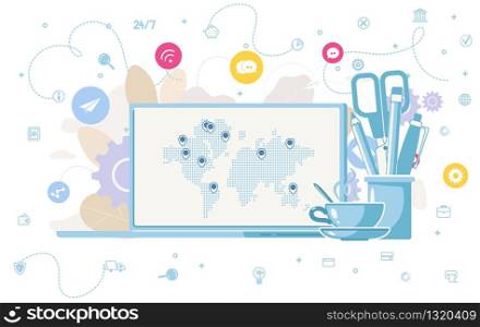 Global Online Business, International Commerce, Internet Trading, Worldwide Goods Delivery and Logistics Strategy Flat Vector Concept World Map with Pins on Laptop Screen on Work Table Illustration