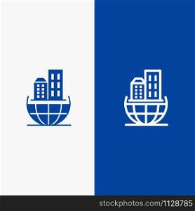 Global Organization, Architecture, Business, Sustainable Line and Glyph Solid icon Blue banner Line and Glyph Solid icon Blue banner
