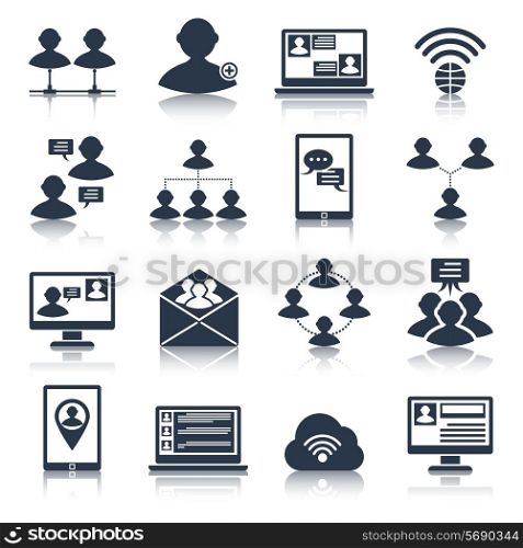 Global people communication social media network connection black icons set isolated vector illustration