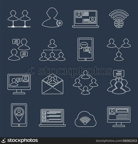Global people mobile phone and tablets communication social connection outline icons set isolated vector illustration