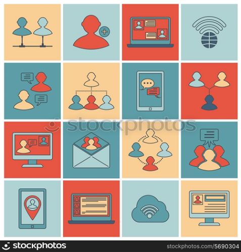 Global people mobile phone and tablets communication social connection outline icons set isolated vector illustration