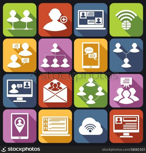 Global people mobile phone and tablets communication social media network white icons set isolated vector illustration