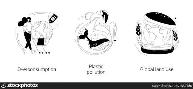Global pollution problem abstract concept vector illustration set. Overconsumption and plastic pollution, global land use, globalization and food production, overpopulation problem abstract metaphor.. Global pollution problem abstract concept vector illustrations.