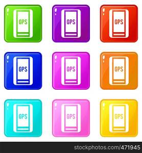 Global Positioning System icons of 9 color set isolated vector illustration. Global Positioning System icons 9 set
