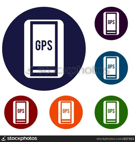 Global Positioning System icons set in flat circle reb, blue and green color for web. Global Positioning System icons set