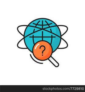 Global problems, search of solutions, question isolated line icon. Vector international universe research, worldwide information support, interrogation mark, searching solutions to solve problems. Question mark and world globe planet isolated icon