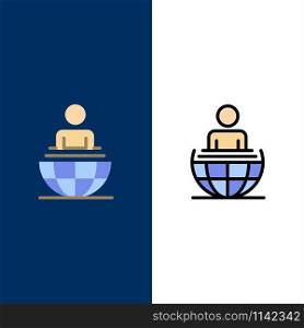 Global Process, Business, International, Modern Icons. Flat and Line Filled Icon Set Vector Blue Background