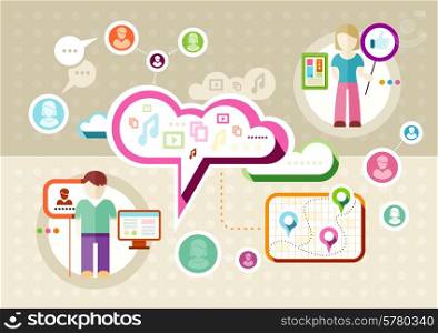 Global social network abstract scheme. Social media concept with cloud icons man and woman profiles in flat design