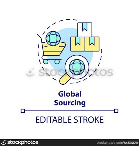 Global sourcing concept icon. Effective procurement strategy abstract idea thin line illustration. Foreign manufacturer. Isolated outline drawing. Editable stroke. Arial, Myriad Pro-Bold fonts used. Global sourcing concept icon