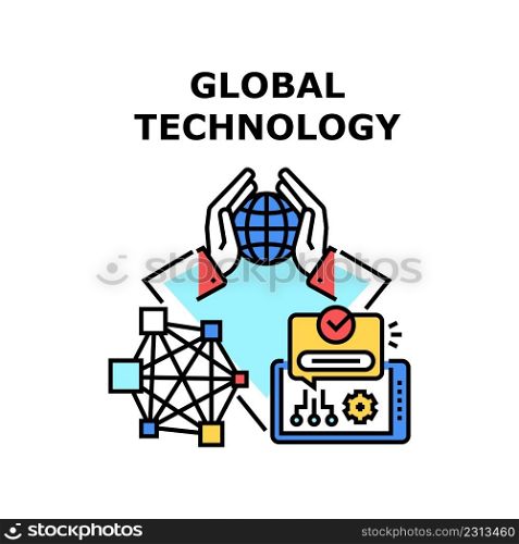Global Technology Vector Icon Concept. Innovative And Informative Global Technology For Connect Users In World. Worldwide Communication And Wireless Network Connectivity Color Illustration. Global Technology Vector Concept Illustration