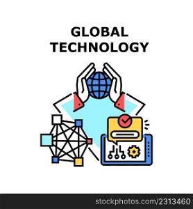 Global Technology Vector Icon Concept. Innovative And Informative Global Technology For Connect Users In World. Worldwide Communication And Wireless Network Connectivity Color Illustration. Global Technology Vector Concept Illustration