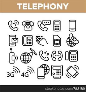 Global Telephony System Linear Vector Icons Set. Telephony, Mobile Technology Thin Line Contour Symbols Pack. Worldwide Connection Pictograms Collection. Communication Equipment Outline Illustrations. Global Telephony System Linear Vector Icons Set