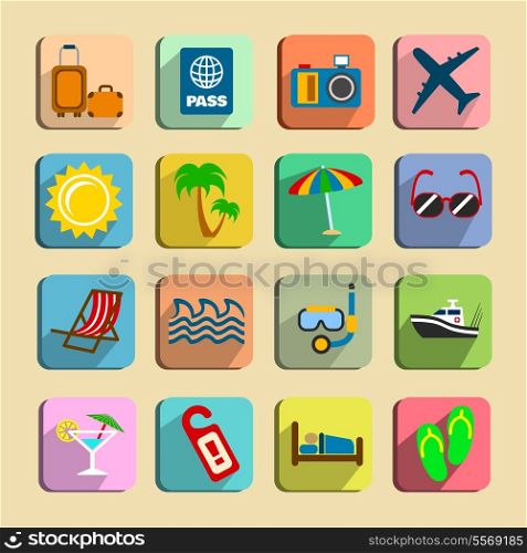 Global tourism icons set of hotel beach chair snorkelling and slippers isolated vector illustration