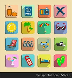 Global tourism icons set of hotel beach chair snorkelling and slippers isolated vector illustration