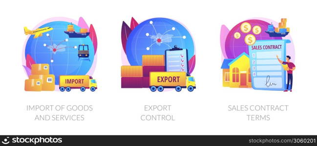 Global trade, distribution and logistics metaphors. Goods and services import, export control, sales contract terms. Maritime, air and land shipment abstract concept vector illustration set.. Global trade, distribution and logistics abstract concept vector illustrations.