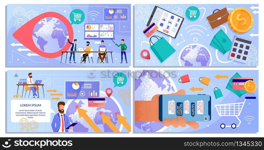 Global Transaction. Online Shopping, Shipping. People Purchasing. Businessmen Analyzing Data Trading Statistic. Messaging via Chat Bot for Buyers. Internet Shop. Vector Flat Cartoon Illustration Set. Global Transaction, Online Shopping, Shipping Set