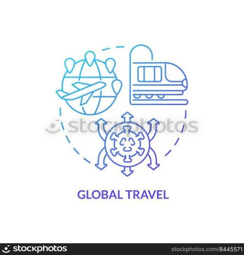 Global travel blue gradient concept icon. Virus spreading. Reason for increased risk of pandemic abstract idea thin line illustration. Isolated outline drawing. Myriad Pro-Bold fonts used. Global travel blue gradient concept icon