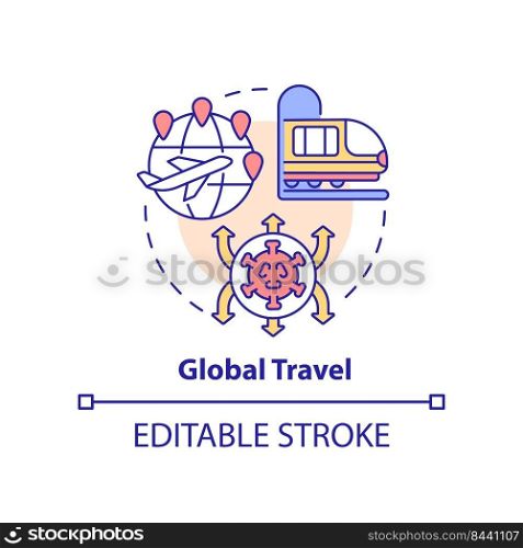 Global travel concept icon. Reason for increased risk of pandemic abstract idea thin line illustration. Isolated outline drawing. Editable stroke. Arial, Myriad Pro-Bold fonts used. Global travel concept icon