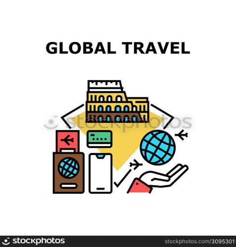 Global Travel Vector Icon Concept. Global Travel For Visit Worldwide Country And City Antique Monument And Building. Passport Document For Enjoying World Trip Vacation Color Illustration. Global Travel Vector Concept Color Illustration