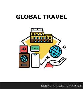 Global Travel Vector Icon Concept. Global Travel For Visit Worldwide Country And City Antique Monument And Building. Passport Document For Enjoying World Trip Vacation Color Illustration. Global Travel Vector Concept Color Illustration