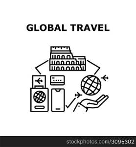 Global Travel Vector Icon Concept. Global Travel For Visit Worldwide Country And City Antique Monument And Building. Passport Document For Enjoying World Trip Vacation Black Illustration. Global Travel Vector Concept Black Illustration