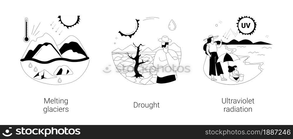 Global warming abstract concept vector illustration set. Melting glaciers, drought, ultraviolet radiation, raising sea level, natural disaster, extreme weather condition, UV rays abstract metaphor.. Global warming abstract concept vector illustrations.