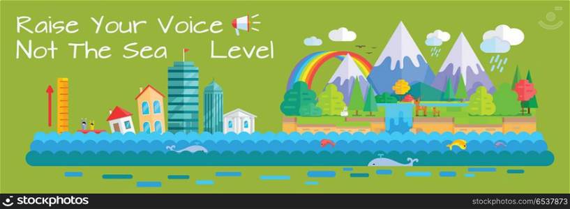 Global warming and sea level increase vector concept. Flat design. City with humans drowning by sea level rise. Beautiful nature cartoon landscape with rainbow, mountains, clods, waterfall, animals. . Warming and Sea Level Increase Vector Concept. . Warming and Sea Level Increase Vector Concept.