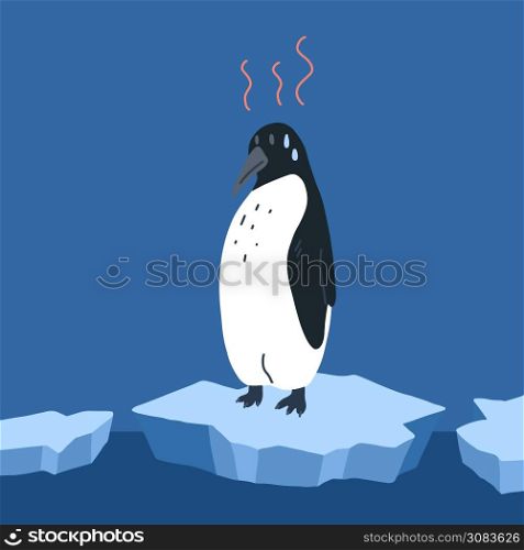 Global warming. Cartoon doodle illustration of a sad fries penguin on melting cracked ice with water drops. World problem. The threat of extinction of rare animals. Vector card for your creativity. Global warming. Cartoon doodle illustration of a sad fries penguin on melting cracked ice with water drops. World problem. The threat of extinction of rare animals.