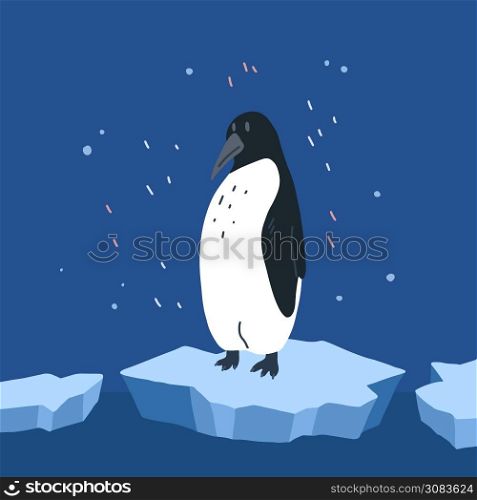 Global warming. Cartoon doodle illustration of a sad penguin on melting cracked ice with decoration. World problem. The threat of extinction of rare animals. Vector card for your creativity. Global warming. Cartoon doodle illustration of a sad penguin on melting cracked ice with decoration. World problem. The threat of extinction of rare animals. Vector card