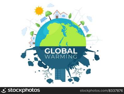 Global Warming Cartoon Style Illustration with Planet Earth in a Melting or Burning State and Image Sun to Prevent Damage to Nature and Climate Change
