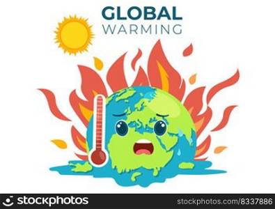 Global Warming Cartoon Style Illustration with Planet Earth in a Melting or Burning State and Image Sun to Prevent Damage to Nature and Climate Change